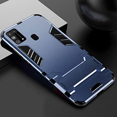 Silikon Hülle Handyhülle und Kunststoff Schutzhülle Hartschalen Tasche mit Ständer für Samsung Galaxy M21s Blau