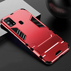 Silikon Hülle Handyhülle und Kunststoff Schutzhülle Hartschalen Tasche mit Ständer für Samsung Galaxy M21s Rot