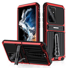 Silikon Hülle Handyhülle und Kunststoff Schutzhülle Hartschalen Tasche mit Ständer für Samsung Galaxy S22 Ultra 5G Rot