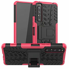 Silikon Hülle Handyhülle und Kunststoff Schutzhülle Hartschalen Tasche mit Ständer für Sony Xperia 1 II Rosa
