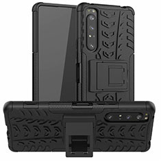 Silikon Hülle Handyhülle und Kunststoff Schutzhülle Hartschalen Tasche mit Ständer für Sony Xperia 1 II Schwarz
