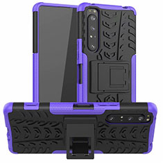 Silikon Hülle Handyhülle und Kunststoff Schutzhülle Hartschalen Tasche mit Ständer für Sony Xperia 1 II Violett