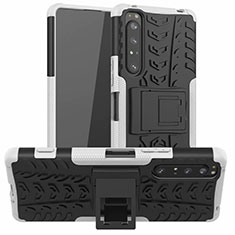 Silikon Hülle Handyhülle und Kunststoff Schutzhülle Hartschalen Tasche mit Ständer für Sony Xperia 1 II Weiß