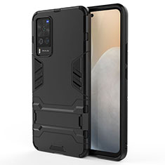 Silikon Hülle Handyhülle und Kunststoff Schutzhülle Hartschalen Tasche mit Ständer für Vivo X60 Pro 5G Schwarz