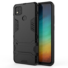 Silikon Hülle Handyhülle und Kunststoff Schutzhülle Hartschalen Tasche mit Ständer für Xiaomi Redmi 9 India Schwarz