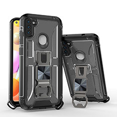 Silikon Hülle Handyhülle und Kunststoff Schutzhülle Hartschalen Tasche mit Ständer H01 für Samsung Galaxy A11 Schwarz