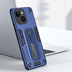 Silikon Hülle Handyhülle und Kunststoff Schutzhülle Hartschalen Tasche mit Ständer H02X für Apple iPhone 14 Plus Blau