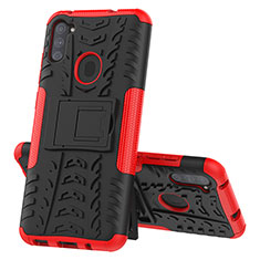 Silikon Hülle Handyhülle und Kunststoff Schutzhülle Hartschalen Tasche mit Ständer J01X für Samsung Galaxy A11 Rot