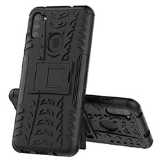 Silikon Hülle Handyhülle und Kunststoff Schutzhülle Hartschalen Tasche mit Ständer J01X für Samsung Galaxy A11 Schwarz