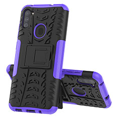 Silikon Hülle Handyhülle und Kunststoff Schutzhülle Hartschalen Tasche mit Ständer J01X für Samsung Galaxy A11 Violett