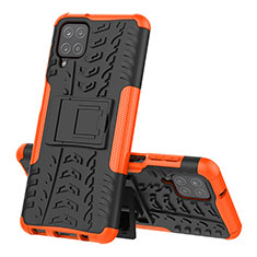 Silikon Hülle Handyhülle und Kunststoff Schutzhülle Hartschalen Tasche mit Ständer J01X für Samsung Galaxy A12 Nacho Orange