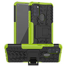Silikon Hülle Handyhülle und Kunststoff Schutzhülle Hartschalen Tasche mit Ständer J01X für Samsung Galaxy A21s Grün