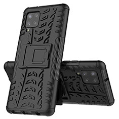 Silikon Hülle Handyhülle und Kunststoff Schutzhülle Hartschalen Tasche mit Ständer J01X für Samsung Galaxy A42 5G Schwarz