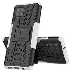 Silikon Hülle Handyhülle und Kunststoff Schutzhülle Hartschalen Tasche mit Ständer J01X für Samsung Galaxy A42 5G Silber
