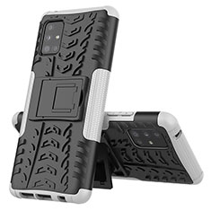 Silikon Hülle Handyhülle und Kunststoff Schutzhülle Hartschalen Tasche mit Ständer J01X für Samsung Galaxy A51 5G Silber