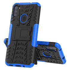 Silikon Hülle Handyhülle und Kunststoff Schutzhülle Hartschalen Tasche mit Ständer J01X für Samsung Galaxy M11 Blau