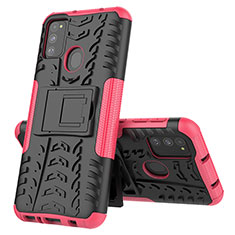 Silikon Hülle Handyhülle und Kunststoff Schutzhülle Hartschalen Tasche mit Ständer J01X für Samsung Galaxy M21 Pink