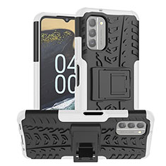Silikon Hülle Handyhülle und Kunststoff Schutzhülle Hartschalen Tasche mit Ständer JX1 für Nokia G400 5G Silber