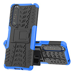 Silikon Hülle Handyhülle und Kunststoff Schutzhülle Hartschalen Tasche mit Ständer JX1 für Sony Xperia 1 III Blau
