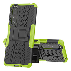Silikon Hülle Handyhülle und Kunststoff Schutzhülle Hartschalen Tasche mit Ständer JX1 für Sony Xperia 1 III Grün