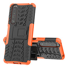 Silikon Hülle Handyhülle und Kunststoff Schutzhülle Hartschalen Tasche mit Ständer JX1 für Sony Xperia 1 III Orange