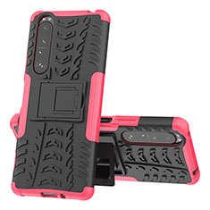 Silikon Hülle Handyhülle und Kunststoff Schutzhülle Hartschalen Tasche mit Ständer JX1 für Sony Xperia 1 III Pink