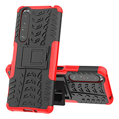 Silikon Hülle Handyhülle und Kunststoff Schutzhülle Hartschalen Tasche mit Ständer JX1 für Sony Xperia 1 III Rot