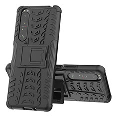 Silikon Hülle Handyhülle und Kunststoff Schutzhülle Hartschalen Tasche mit Ständer JX1 für Sony Xperia 1 III Schwarz