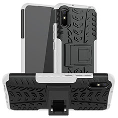 Silikon Hülle Handyhülle und Kunststoff Schutzhülle Hartschalen Tasche mit Ständer JX1 für Xiaomi Redmi 9AT Silber