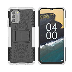 Silikon Hülle Handyhülle und Kunststoff Schutzhülle Hartschalen Tasche mit Ständer JX2 für Nokia G400 5G Silber