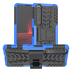 Silikon Hülle Handyhülle und Kunststoff Schutzhülle Hartschalen Tasche mit Ständer JX2 für Sony Xperia 1 III Blau