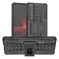 Silikon Hülle Handyhülle und Kunststoff Schutzhülle Hartschalen Tasche mit Ständer JX2 für Sony Xperia 1 III Schwarz