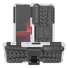 Silikon Hülle Handyhülle und Kunststoff Schutzhülle Hartschalen Tasche mit Ständer JX2 für Sony Xperia 1 III Silber