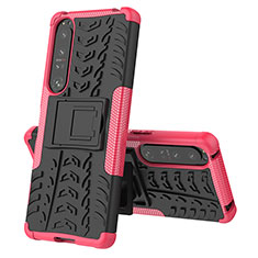 Silikon Hülle Handyhülle und Kunststoff Schutzhülle Hartschalen Tasche mit Ständer JX2 für Sony Xperia 1 IV Pink
