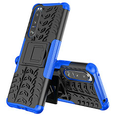 Silikon Hülle Handyhülle und Kunststoff Schutzhülle Hartschalen Tasche mit Ständer JX2 für Sony Xperia 5 III Blau