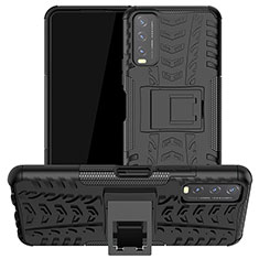 Silikon Hülle Handyhülle und Kunststoff Schutzhülle Hartschalen Tasche mit Ständer JX2 für Vivo Y11s Schwarz