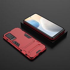 Silikon Hülle Handyhülle und Kunststoff Schutzhülle Hartschalen Tasche mit Ständer KC1 für Vivo X60 Pro 5G Rot