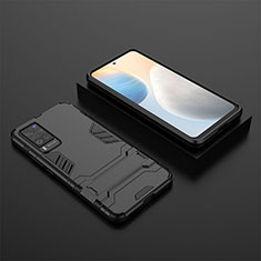 Silikon Hülle Handyhülle und Kunststoff Schutzhülle Hartschalen Tasche mit Ständer KC1 für Vivo X60 Pro 5G Schwarz