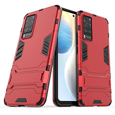 Silikon Hülle Handyhülle und Kunststoff Schutzhülle Hartschalen Tasche mit Ständer KC2 für Vivo X60 Pro 5G Rot