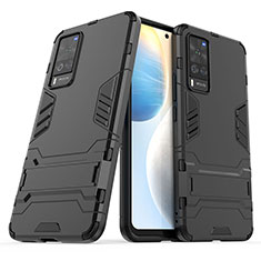 Silikon Hülle Handyhülle und Kunststoff Schutzhülle Hartschalen Tasche mit Ständer KC2 für Vivo X60 Pro 5G Schwarz