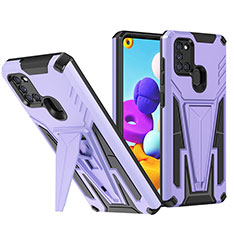 Silikon Hülle Handyhülle und Kunststoff Schutzhülle Hartschalen Tasche mit Ständer MQ1 für Samsung Galaxy A21 Violett