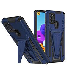 Silikon Hülle Handyhülle und Kunststoff Schutzhülle Hartschalen Tasche mit Ständer MQ1 für Samsung Galaxy A21s Blau