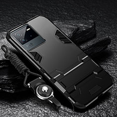 Silikon Hülle Handyhülle und Kunststoff Schutzhülle Hartschalen Tasche mit Ständer R01 für Vivo iQOO Neo6 SE 5G Schwarz
