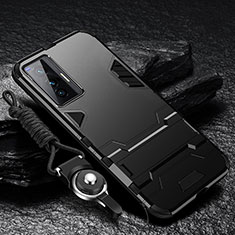 Silikon Hülle Handyhülle und Kunststoff Schutzhülle Hartschalen Tasche mit Ständer R01 für Vivo X70 5G Schwarz