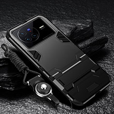Silikon Hülle Handyhülle und Kunststoff Schutzhülle Hartschalen Tasche mit Ständer R01 für Vivo X80 5G Schwarz