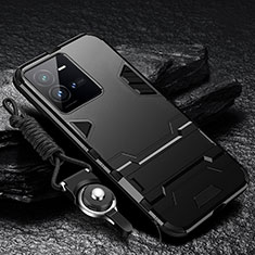 Silikon Hülle Handyhülle und Kunststoff Schutzhülle Hartschalen Tasche mit Ständer R01 für Vivo X80 Lite 5G Schwarz