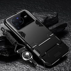 Silikon Hülle Handyhülle und Kunststoff Schutzhülle Hartschalen Tasche mit Ständer R01 für Vivo X80 Pro 5G Schwarz