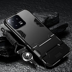 Silikon Hülle Handyhülle und Kunststoff Schutzhülle Hartschalen Tasche mit Ständer R01 für Xiaomi Mi 13 5G Schwarz