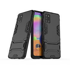 Silikon Hülle Handyhülle und Kunststoff Schutzhülle Hartschalen Tasche mit Ständer T02 für Samsung Galaxy A31 Schwarz