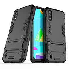 Silikon Hülle Handyhülle und Kunststoff Schutzhülle Hartschalen Tasche mit Ständer T02 für Samsung Galaxy M01 Schwarz
